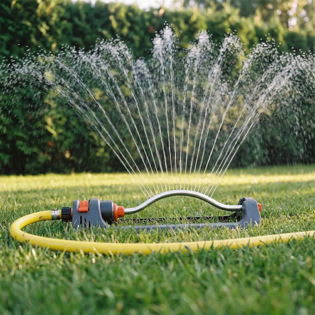 Automatic oscillating lawn sprinkler watering a lush green garden. Easy setup for efficient yard irrigation.