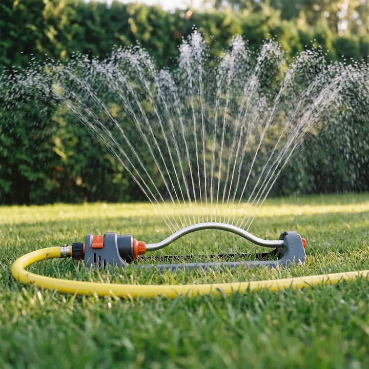 Automatic oscillating lawn sprinkler watering a lush green garden. Easy setup for efficient yard irrigation.