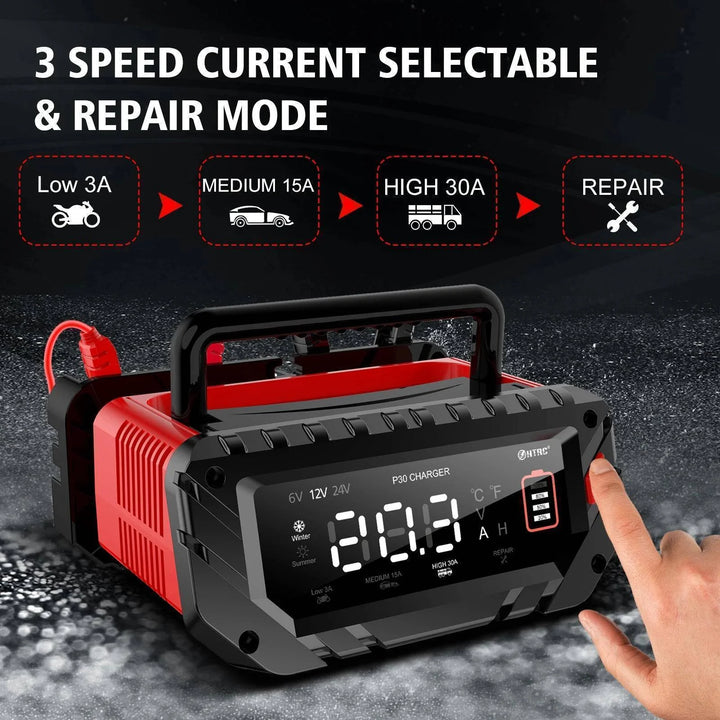 Smart battery charger for LiFePO4, lithium, and lead-acid, ideal for automotive use and electronics.