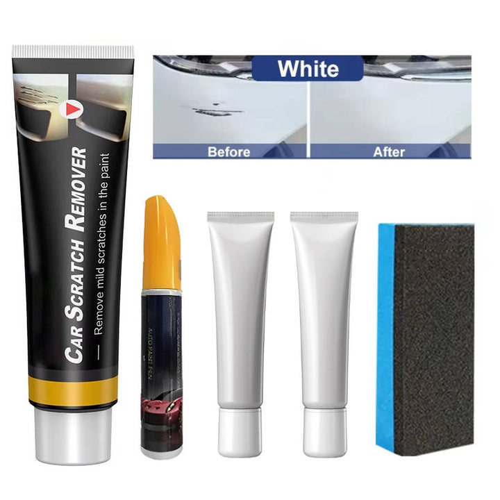 Complete automotive deep scratch repair kit with polishes, pads, & waxes for full car paint restoration.