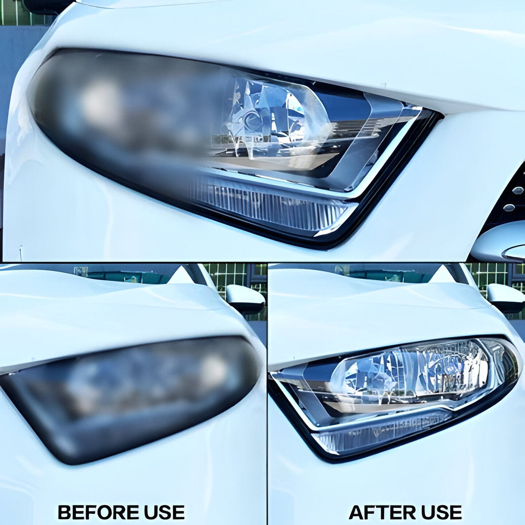User applying car headlight restoration kit to a foggy lens, demonstrating easy DIY vehicle maintenance & repair.