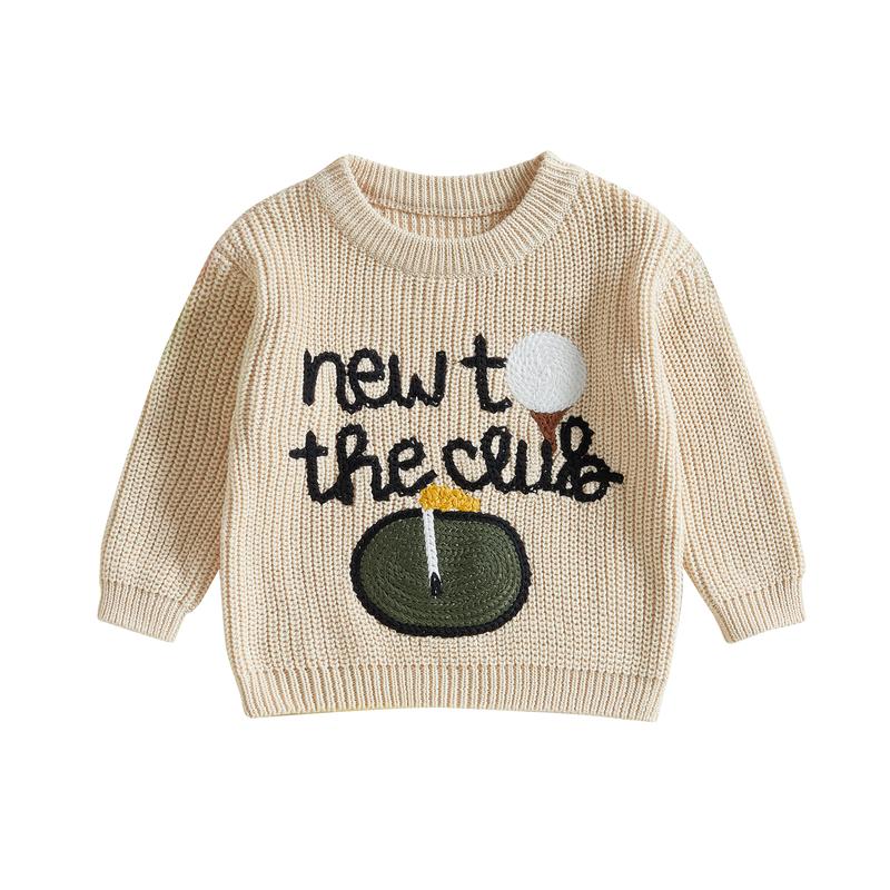 Baby embroidered crewneck sweater. Soft, cozy infant pullover for comfortable everyday wear. Neutral colors.