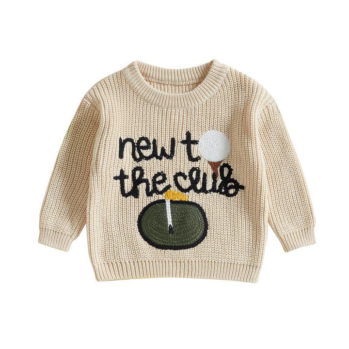 Baby embroidered crewneck sweater. Soft, cozy infant pullover for comfortable everyday wear. Neutral colors.