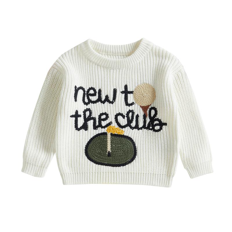Close-up of a baby's embroidered crewneck sweater, showcasing the soft fabric & detailed stitching. Cozy infant top.