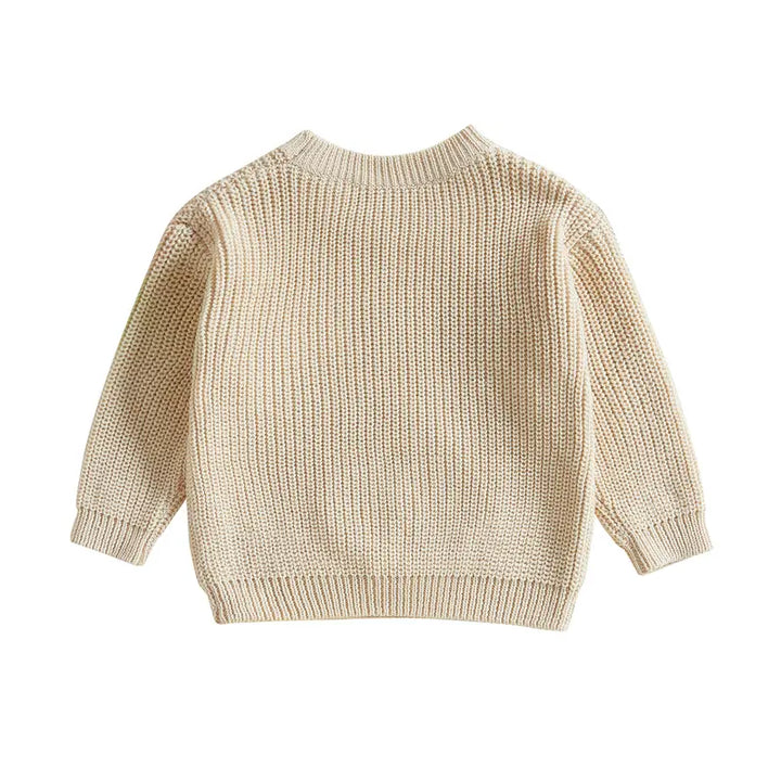 Stylish neutral baby crewneck sweater. Comfortable, soft toddler fashion pullover, perfect for everyday outfits.