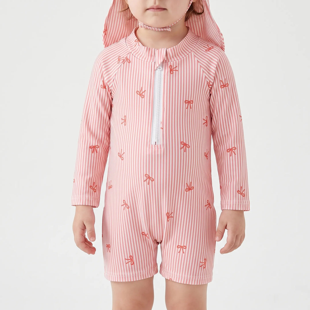Complete baby girls' striped rash guard swim set including top, bottom, and sun hat for ultimate sun safety.
