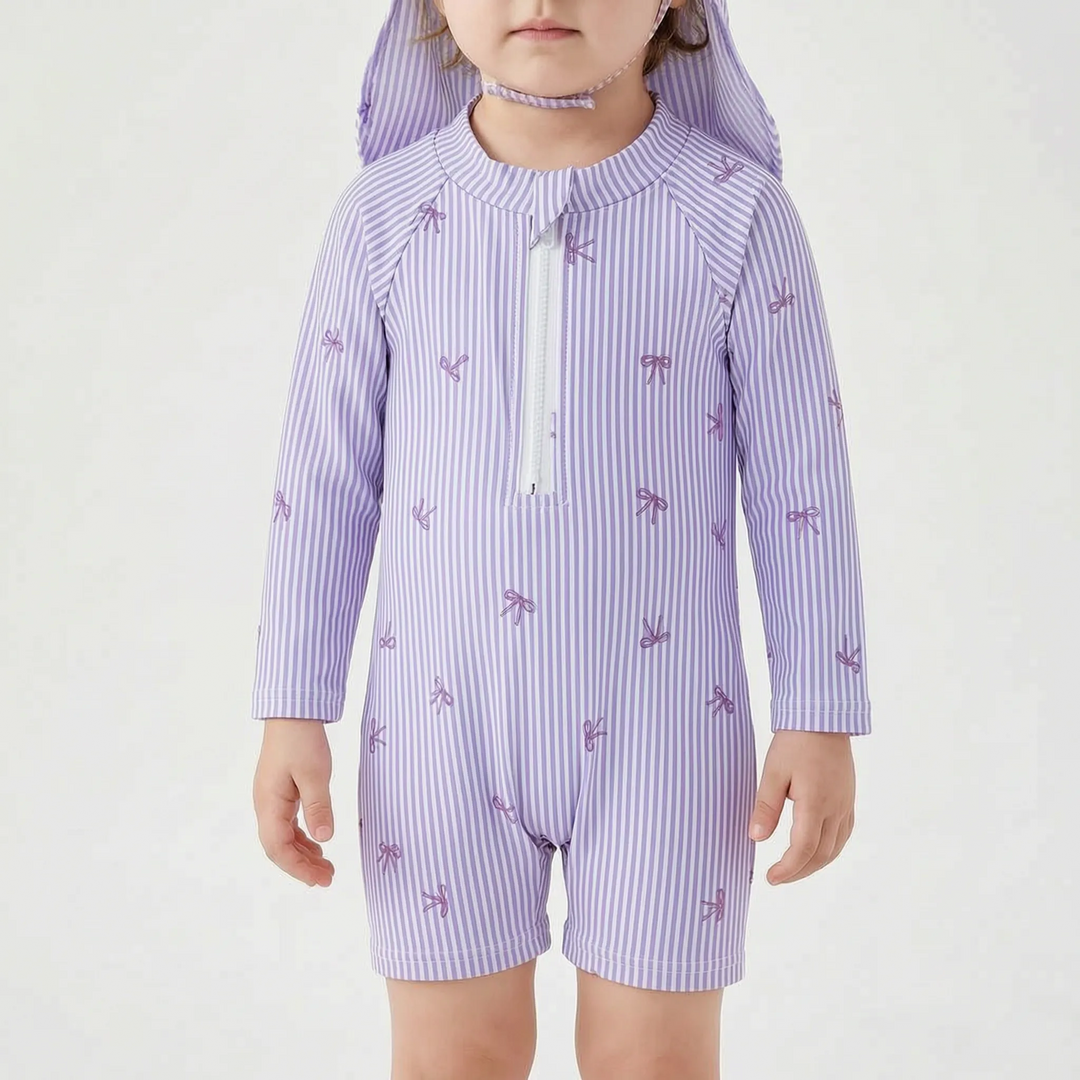 Striped rash guard swim set for baby girls, includes a long-sleeve top, bottoms, and a matching sun hat.