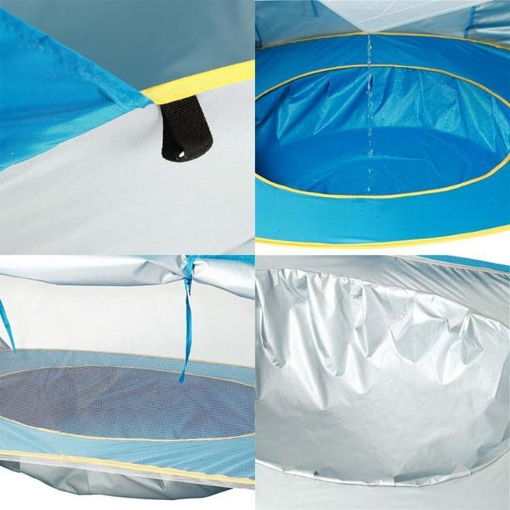 Infant pop-up sun tent with a small pool, an essential beach accessory for UV protection and water play