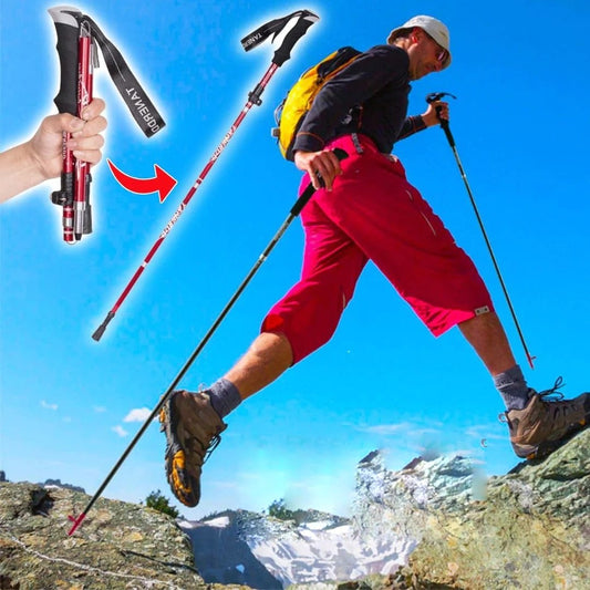 "Bastoncini da trekking pieghevoli leggeri in alluminio, design telescopico, impugnatura ergonomica, ideali per escursioni."