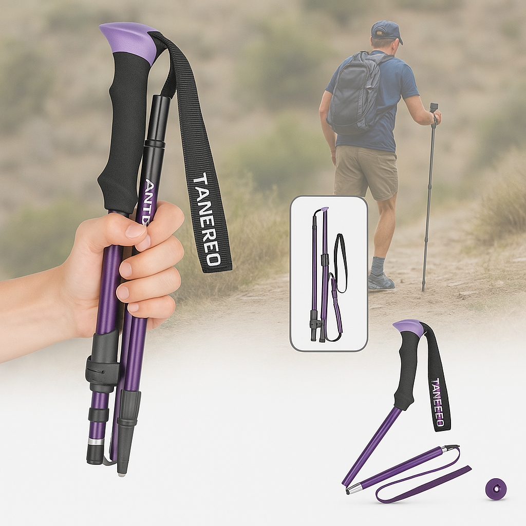 "Bastoncini da trekking pieghevoli leggeri in alluminio, design telescopico, impugnatura ergonomica, ideali per escursioni."