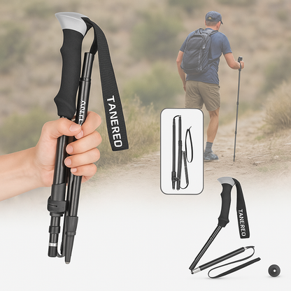 "Bastoncini da trekking pieghevoli leggeri in alluminio, design telescopico, impugnatura ergonomica, ideali per escursioni."