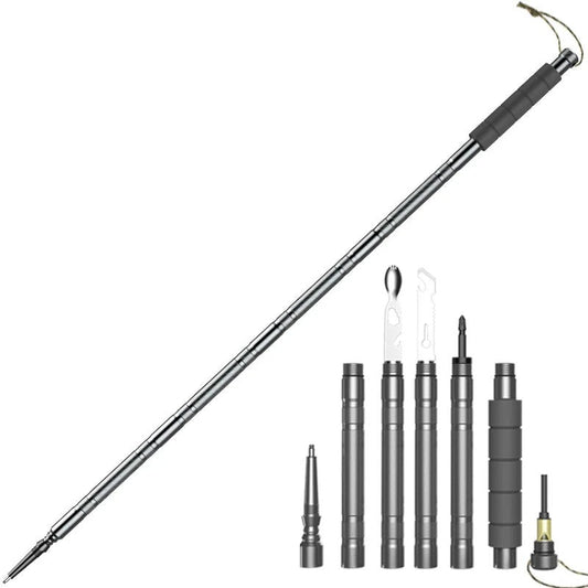 "Bastone trekking multiuso pieghevole con coltello, bussola e accenditore integrati, struttura in alluminio e acciaio robusto