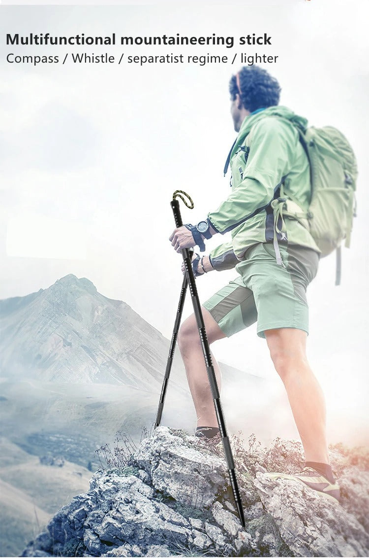 "Bastone trekking multiuso pieghevole con coltello, bussola e accenditore integrati, struttura in alluminio e acciaio robusto