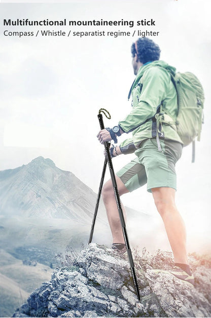 "Bastone trekking multiuso pieghevole con coltello, bussola e accenditore integrati, struttura in alluminio e acciaio robusto