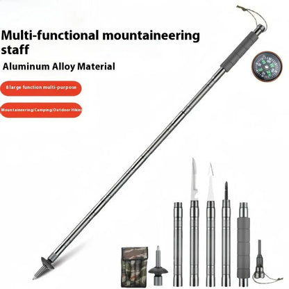 "Bastone trekking multiuso pieghevole con coltello, bussola e accenditore integrati, struttura in alluminio e acciaio robusto