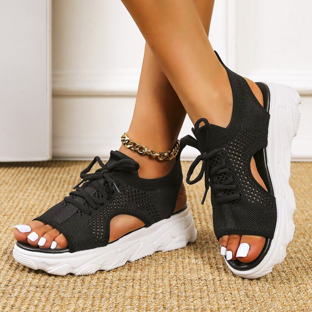 Comfortable orthopedic women's platform sandals with lace-up closure & open toe, ideal for walking.