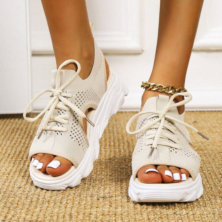 Pink women's comfortable platform lace-up sandals, open toe summer casual shoes with orthopedic support.
