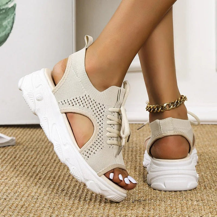 Women's comfortable lace-up platform sandals featuring an open toe and orthopedic support. Great for summer.