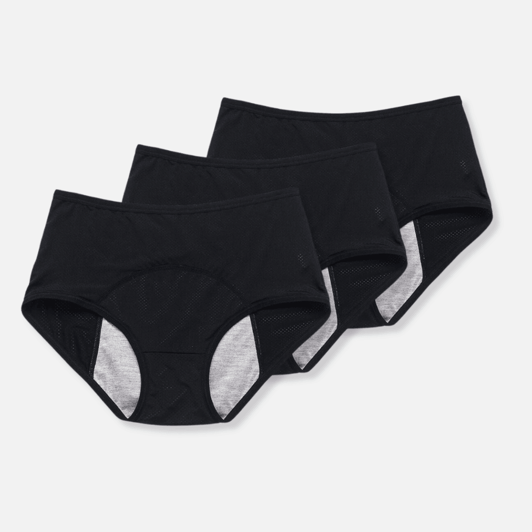 "Biancheria intima mestruale femminile in nero, design elegante, protezione multistrato, comfort e versatilità di colore."