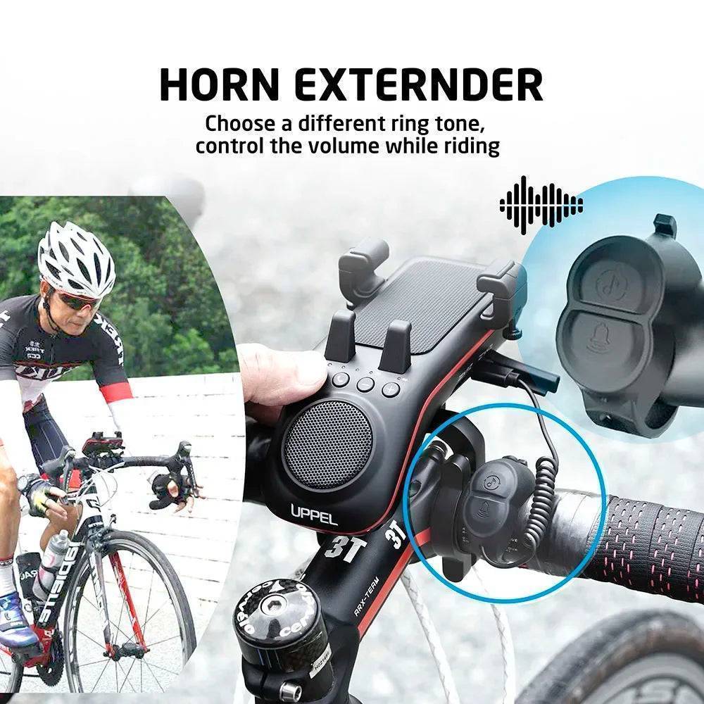 Front view of the 10-in-1 bike light, Bluetooth speaker and phone holder on a bicycle handlebar