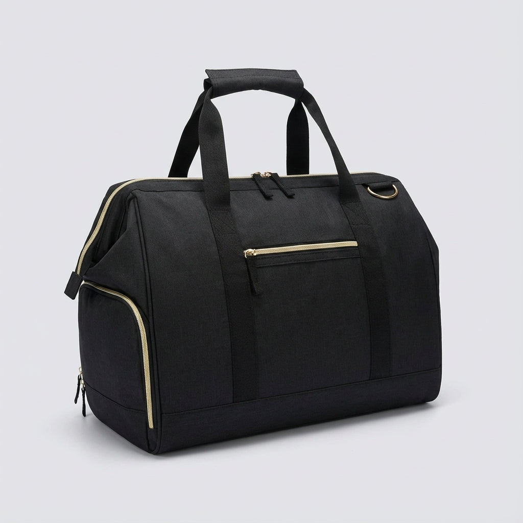 Unisex waterproof 33-liter duffel bag in black, ideal for travel, gym, or overnight stays. Durable & versatile.