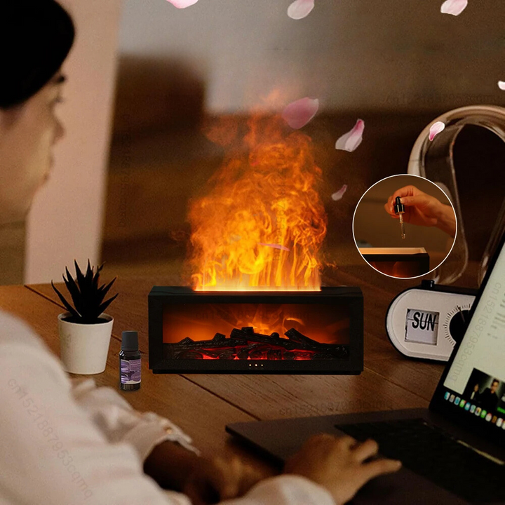 Black air humidifier & purifier with realistic flame effect, enhancing home air quality & ambiance.
