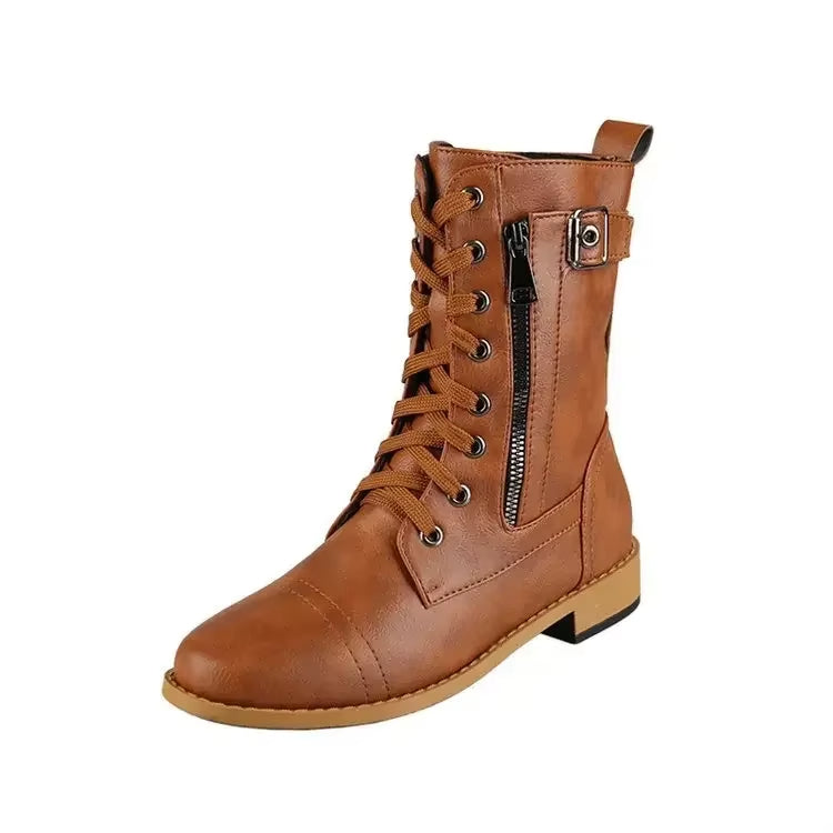 Women's grey mid-calf buckle boots with lace-up front, zipper closure, and comfortable edgy design.