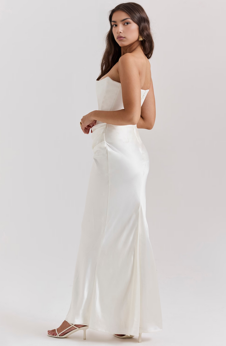 Pink elegant strapless corset maxi wedding guest dress for women.