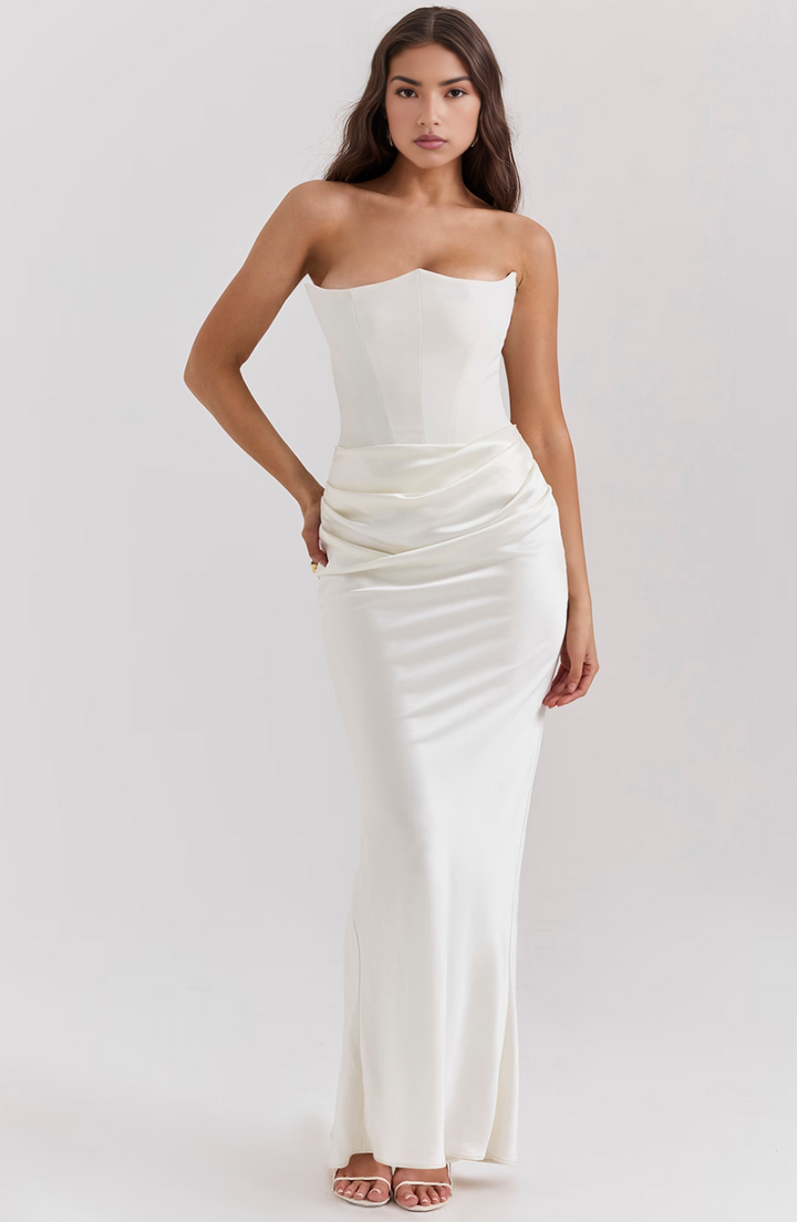 Sophisticated pink strapless evening gown with a flattering corset.
