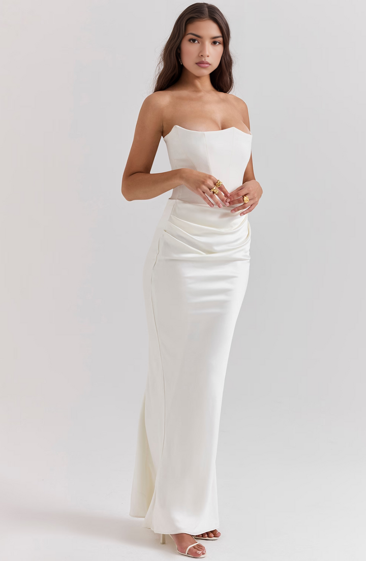 Women's red formal strapless maxi dress, ideal for evening parties.