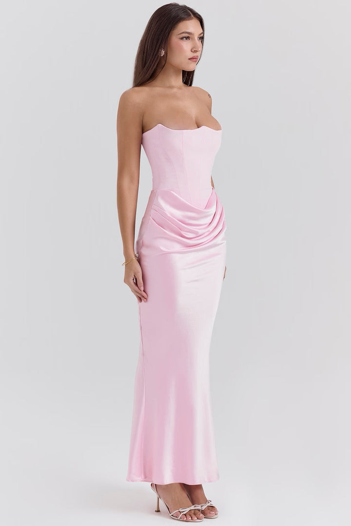 Sophisticated red strapless evening gown with a flattering corset.