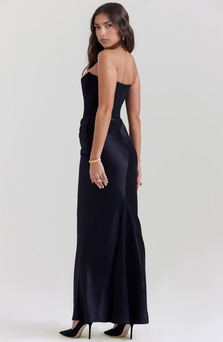 Women's white formal strapless maxi dress, perfect for evening events.