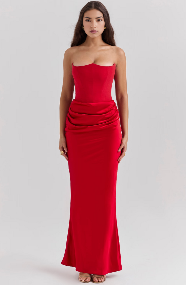 Sophisticated black strapless evening gown with a flattering corset.