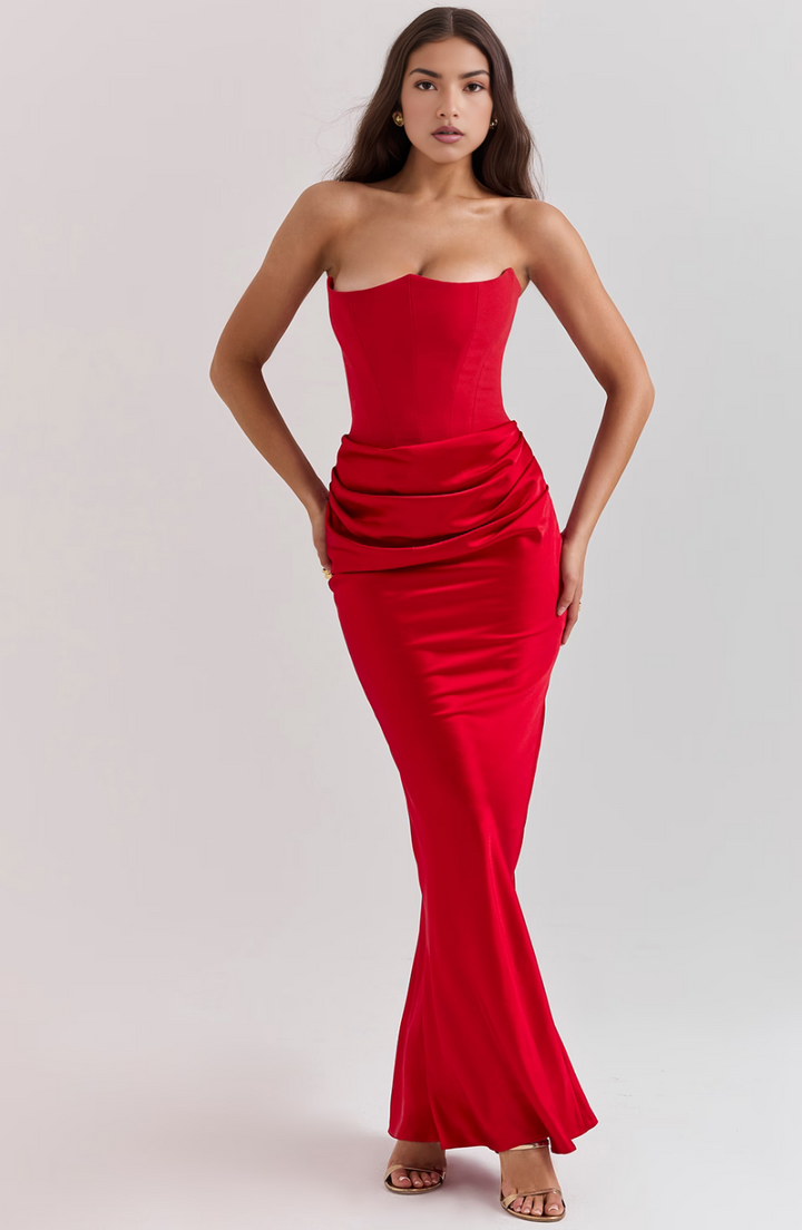Brown elegant strapless corset maxi wedding guest dress for women.