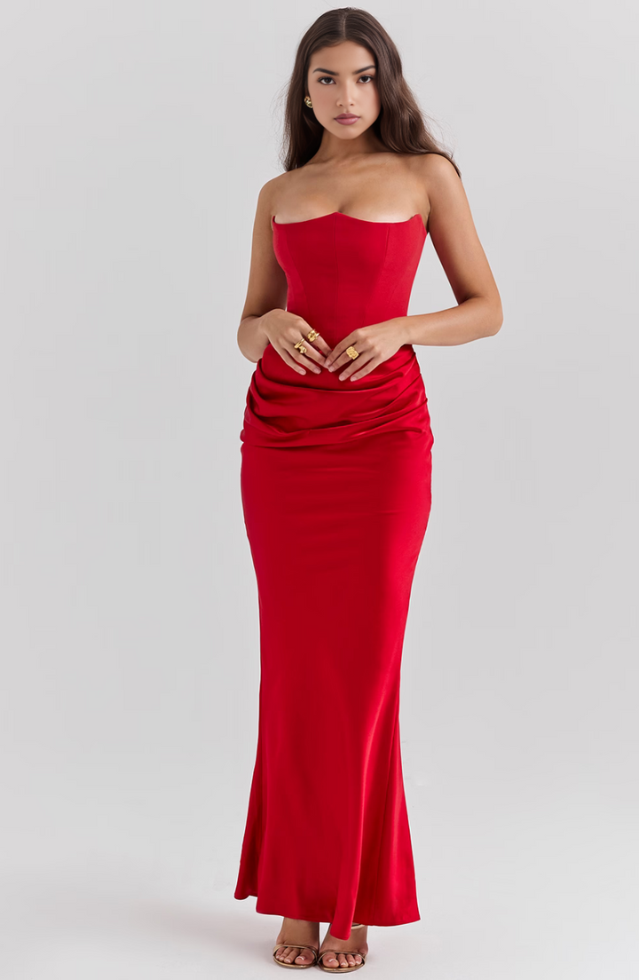 Women's brown formal strapless maxi dress, ideal for evening parties.