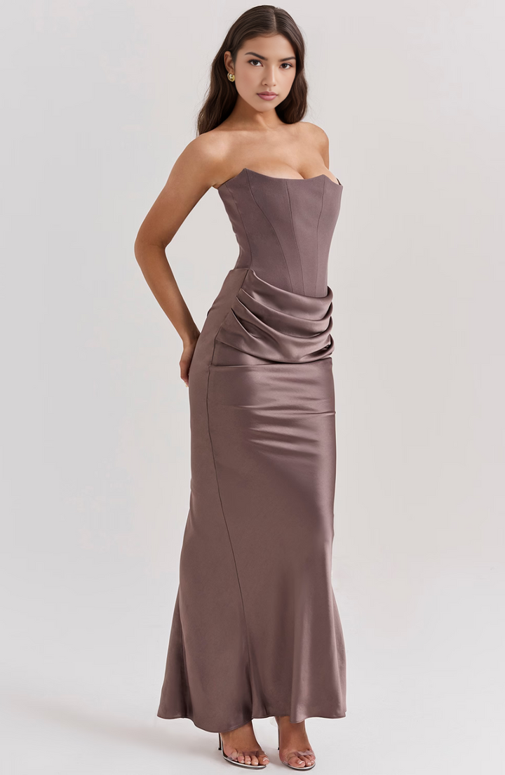Chic brown corset party dress, an elegant choice for special occasions.