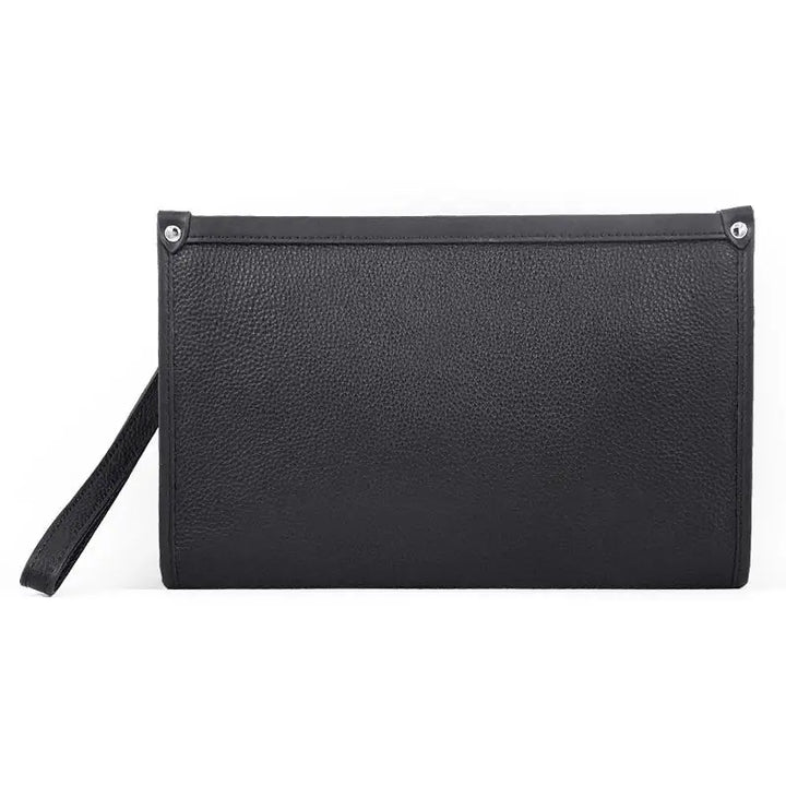 Black genuine leather men's business clutch with secure fingerprint lock for professional daily use.
