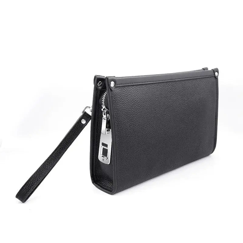 Close-up of the advanced fingerprint lock on a black genuine leather men's business clutch for secure storage.