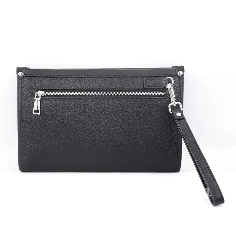 Professional man holding a black genuine leather business clutch with fingerprint lock, showcasing sleek design.