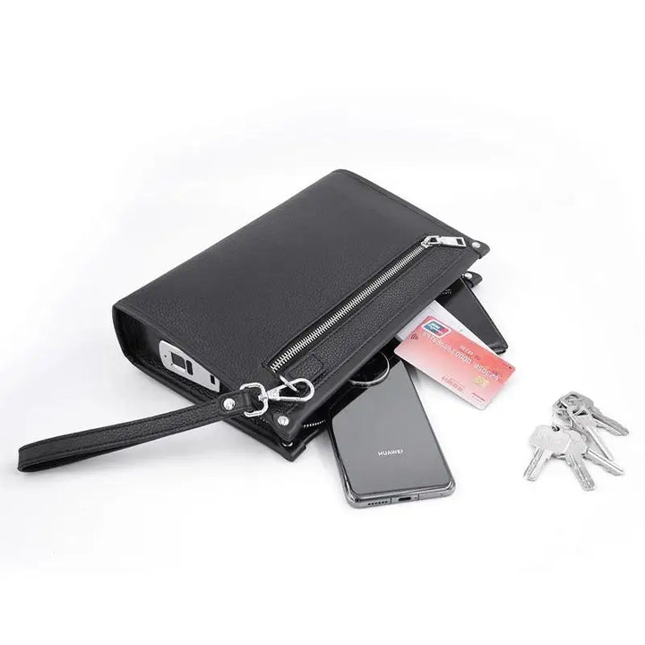 Back view of a black genuine leather men's business clutch, highlighting fine texture and professional craftsmanship.