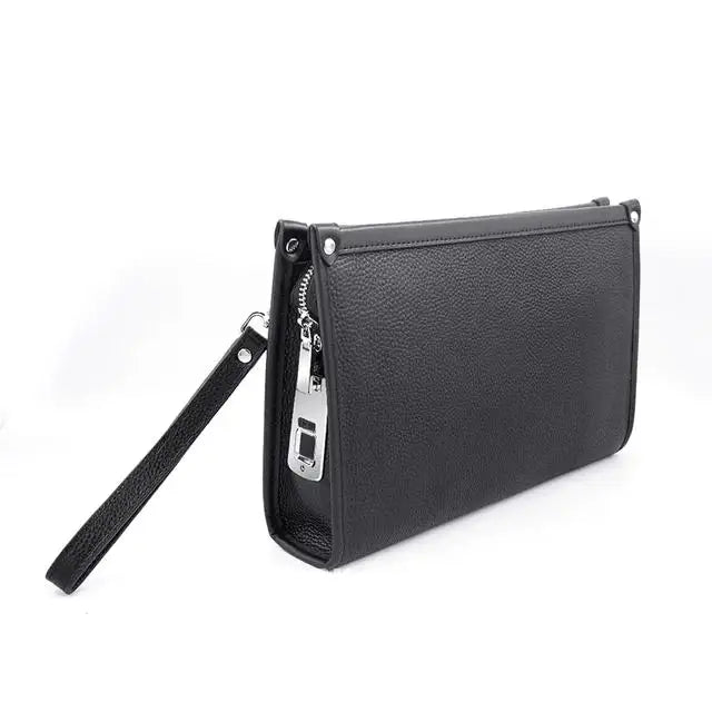 Detail of genuine black leather and precision stitching on a men's business clutch, ensuring durability & style.