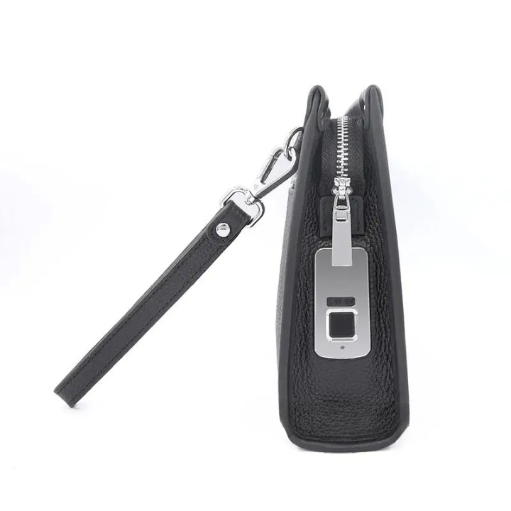 Black genuine leather men's business clutch partially open, revealing organized compartments and secure access.