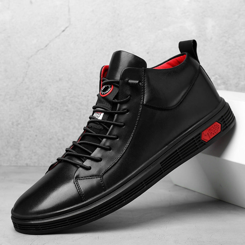 Streetwear men's black high-top sneakers with bold red accents for an edgy urban look & casual style.