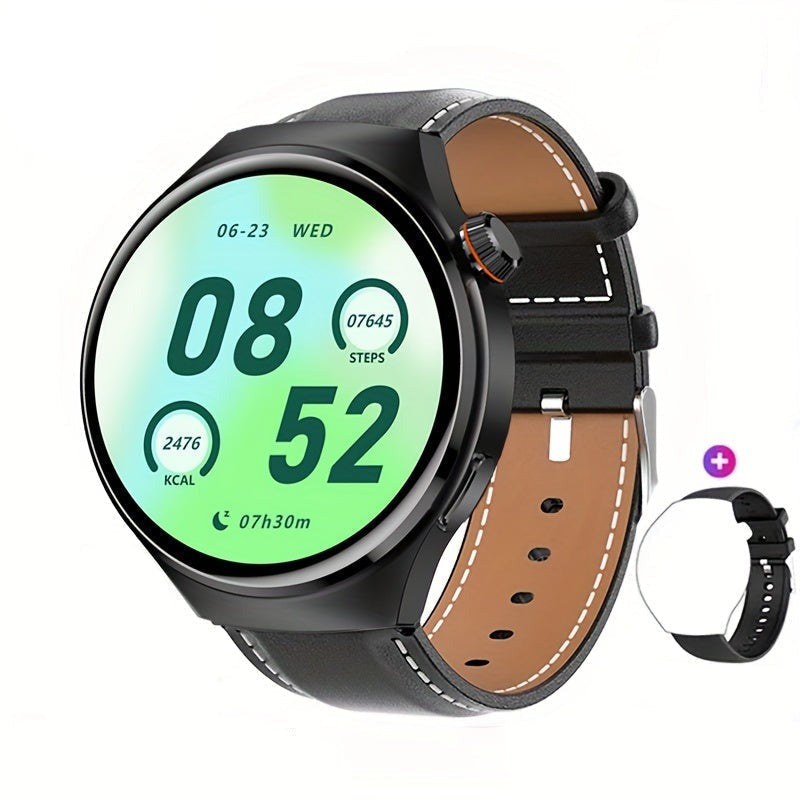 Modern men's NFC smartwatch with black vegan leather strap. GPS, health monitor, & water resistant.