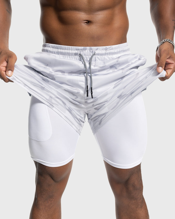 Men's Black Performance Mesh Workout Shorts, side view, with internal liner.