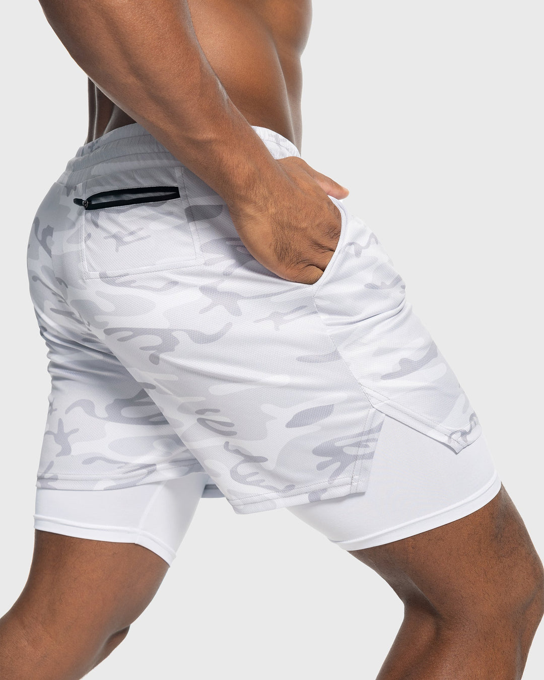 Grey Performance Training Shorts for men with liner, front view, drawstring.