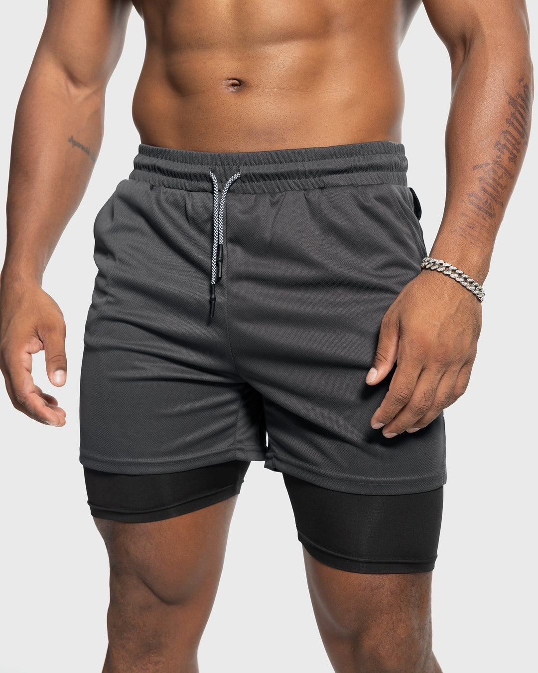 Charcoal men's activewear shorts, mesh, with a comfortable built-in liner.