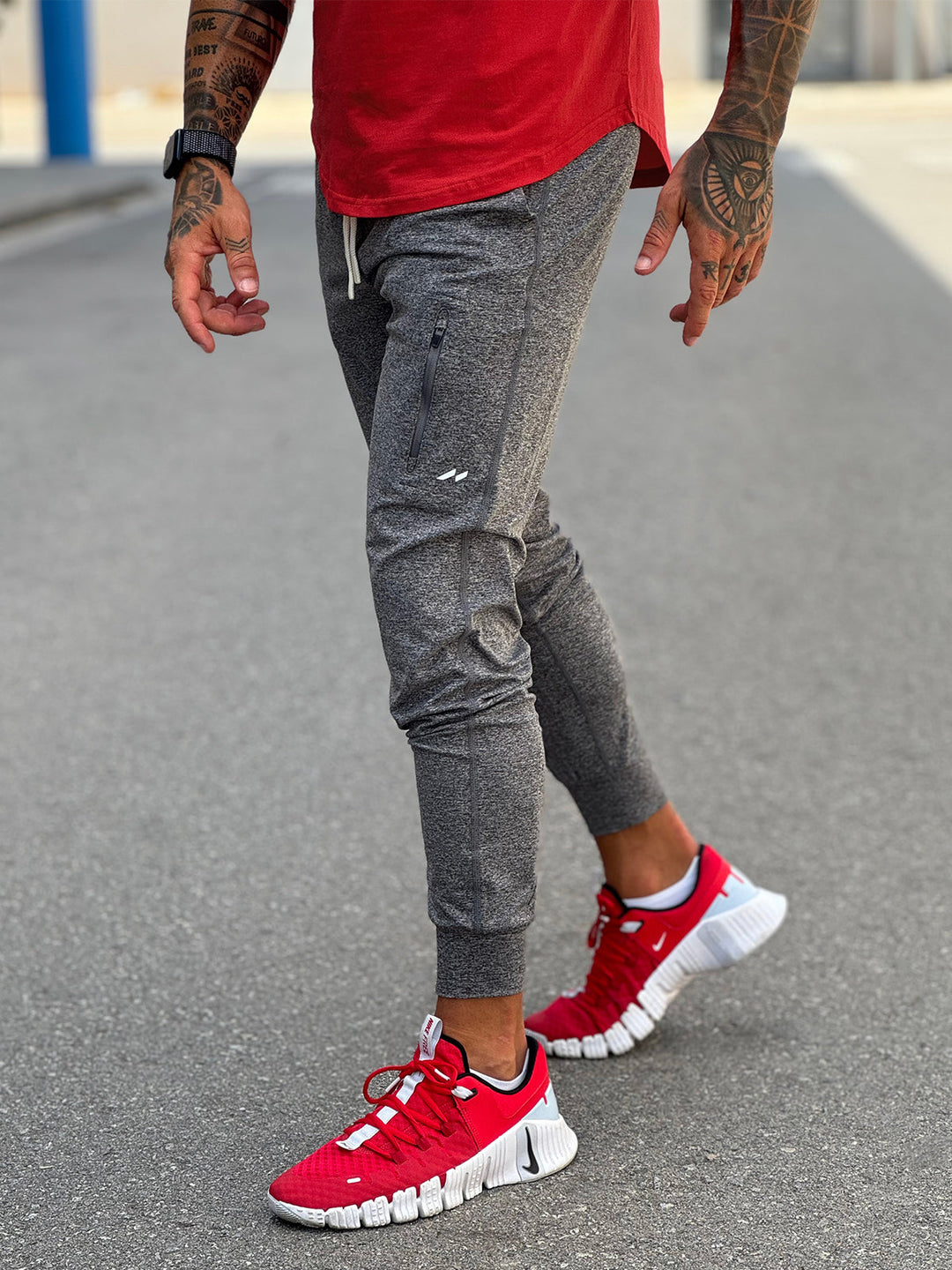 Grey men's stretch casual bottoms, ideal for errands & comfortable daily activities.
