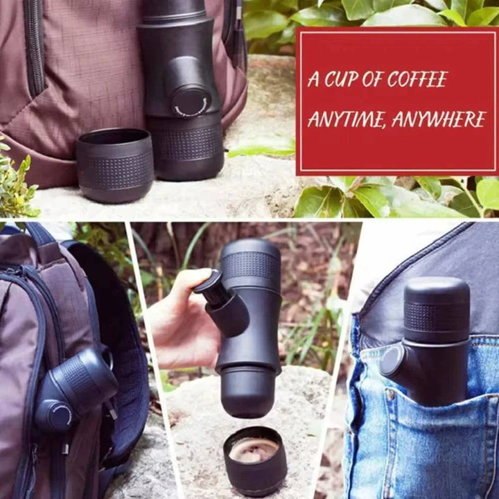 Travel-friendly manual espresso maker, black kitchen gadget for espresso lovers on the go.