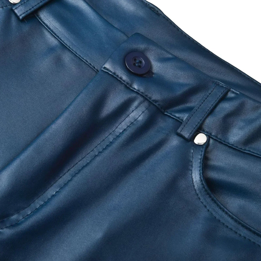 Sleek women's black faux leather pants, a versatile slim-fit design for a bold and chic appearance.